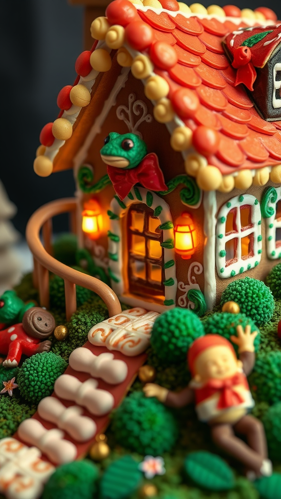A colorful gingerbread house surrounded by playful decorations and characters.