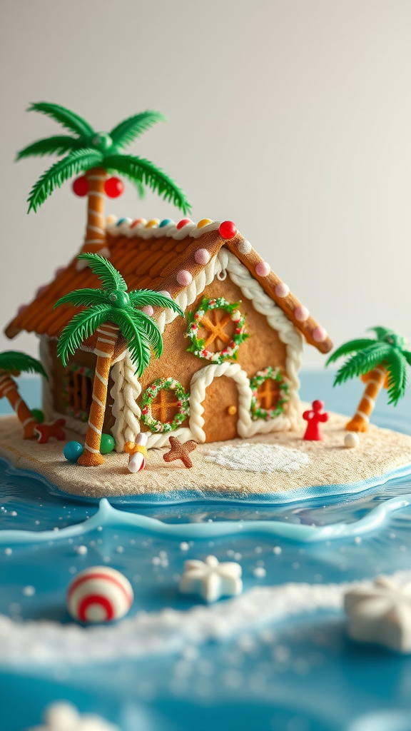 A whimsical gingerbread house surrounded by palm trees on a sandy beach