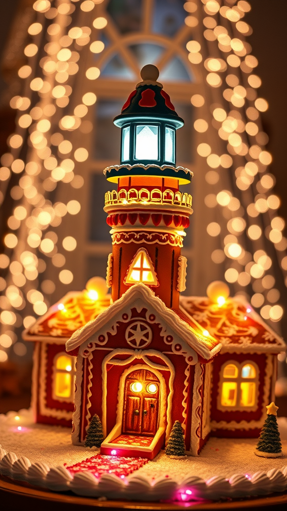 A gingerbread lighthouse with colorful lights and decorations, surrounded by a festive atmosphere.