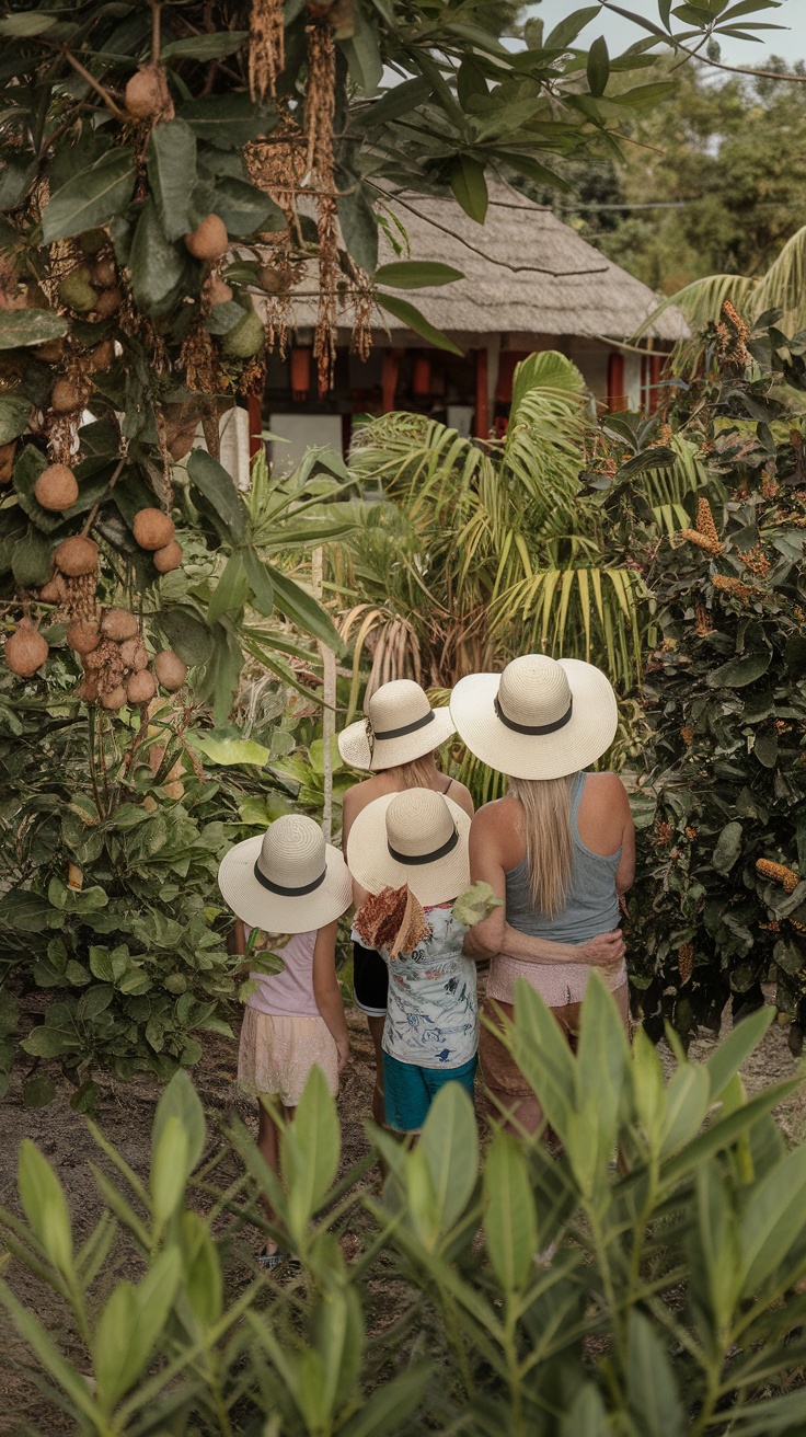 A family exploring a lush garden in Grenada, wearing straw hats.