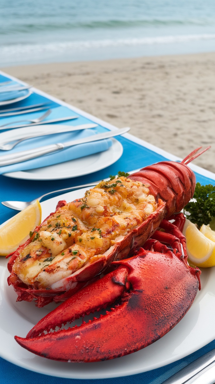 A beautifully grilled lobster topped with garlic butter, served with lemon wedges on a beachside table.