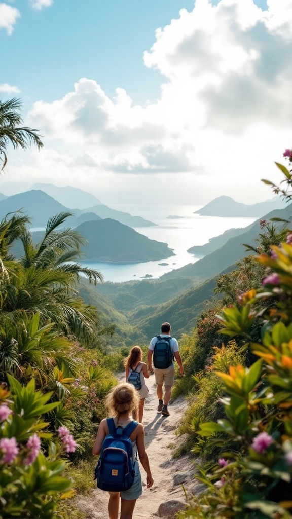 Family hiking on a scenic trail in the Caribbean