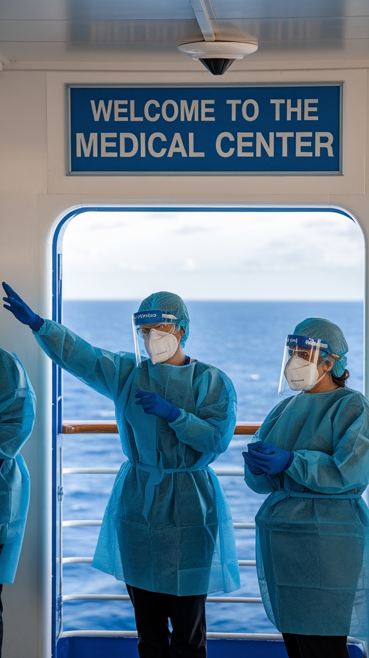 Medical staff in protective gear at the medical center on a cruise ship