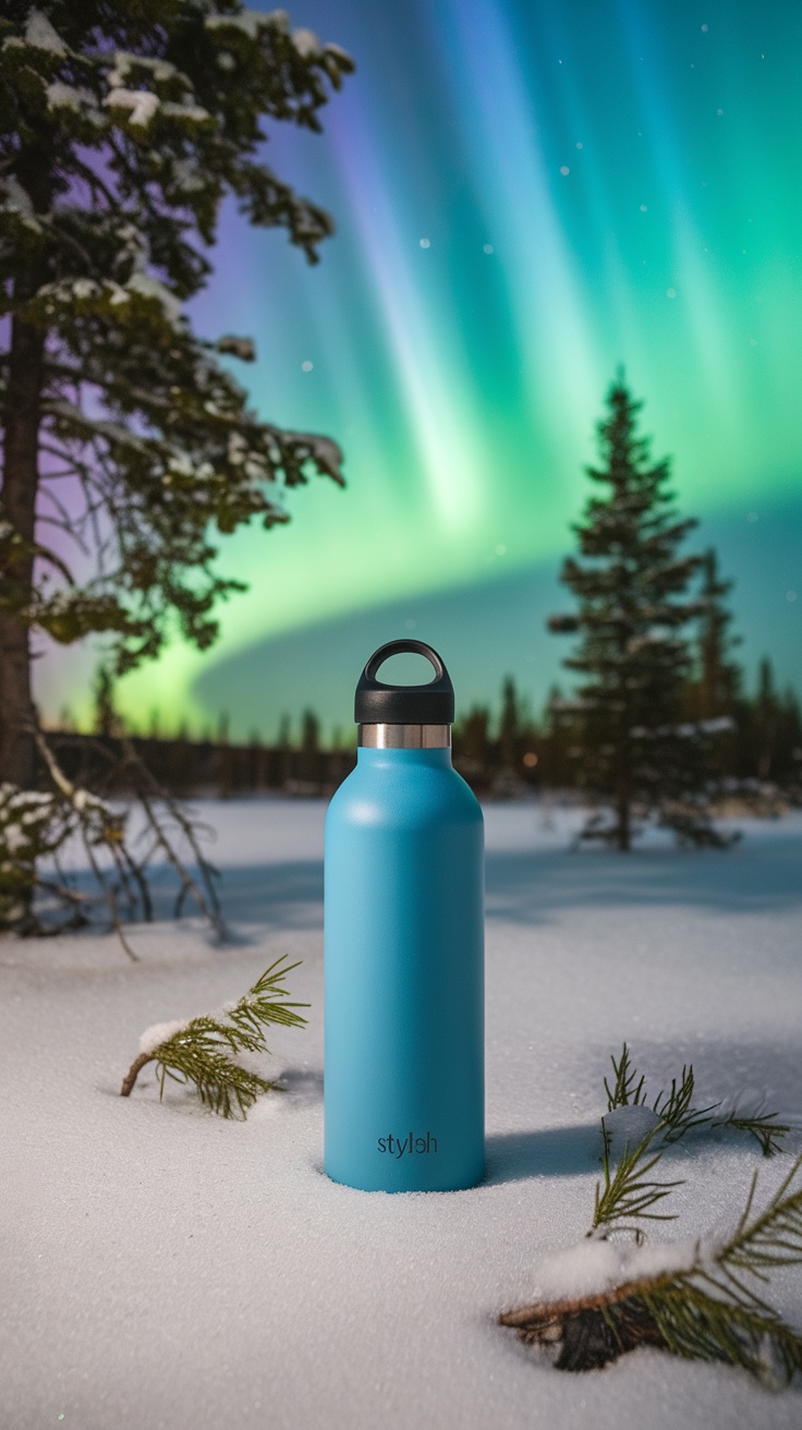 A blue reusable water bottle in the snow with northern lights in the background.