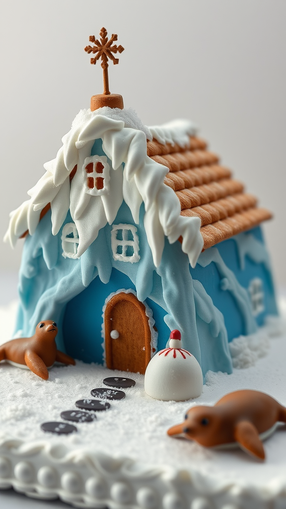 A decorative cake shaped like an iceberg house with seals.