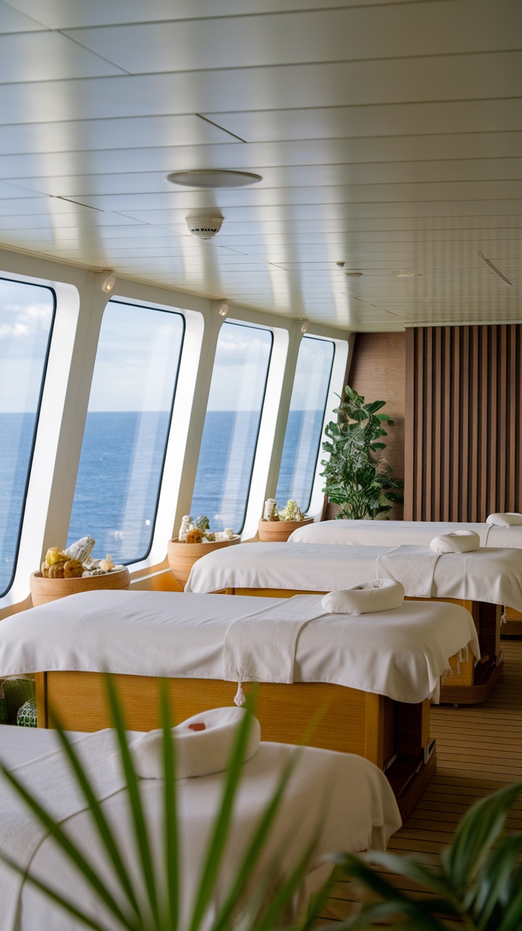 A peaceful spa area on a cruise ship with massage tables and ocean views.