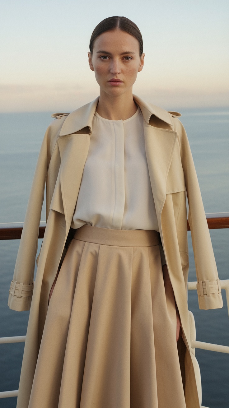 A model wearing a beige trench coat over a light blouse and a flowy beige skirt, standing on a cruise ship with ocean in the background.