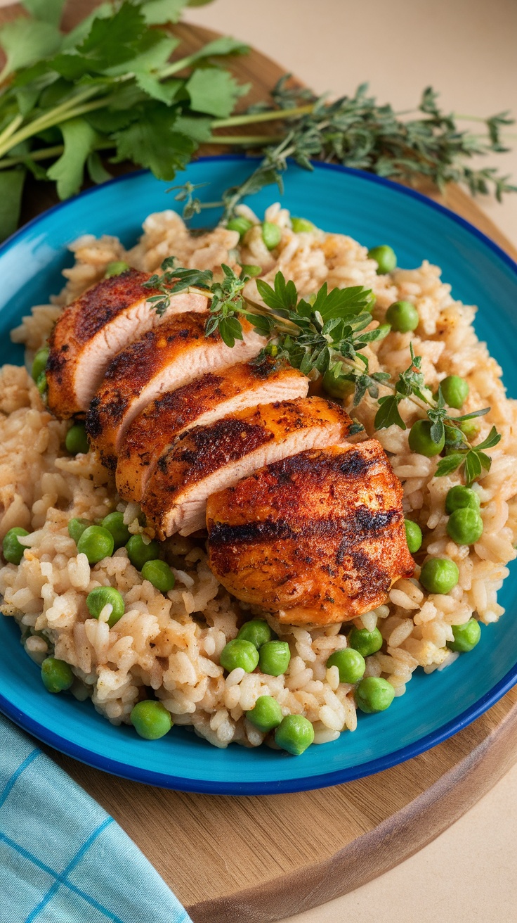 A plate of jerk chicken served with rice and peas, garnished with fresh herbs.