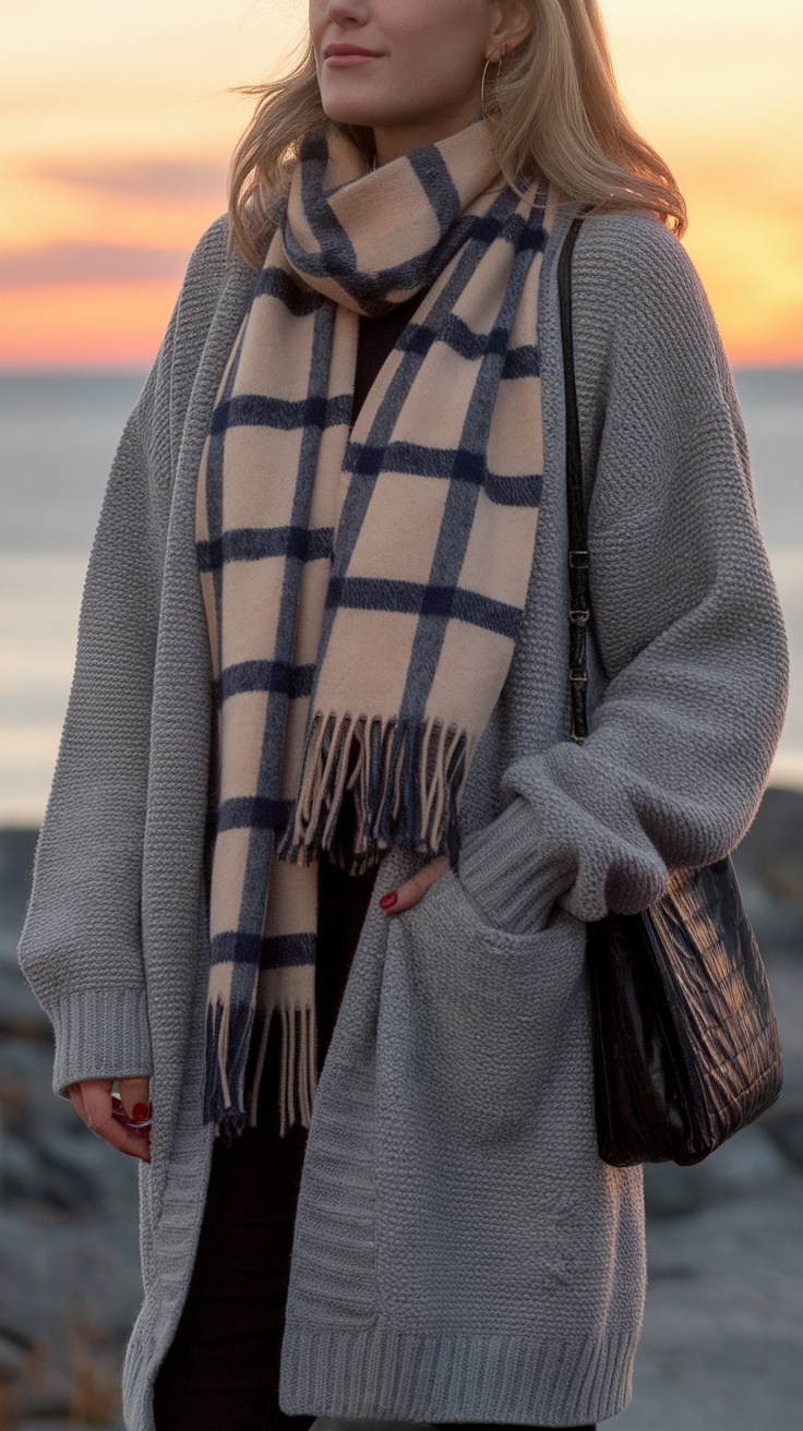 A woman in a cozy cardigan and plaid scarf enjoying a crisp evening by the coast.