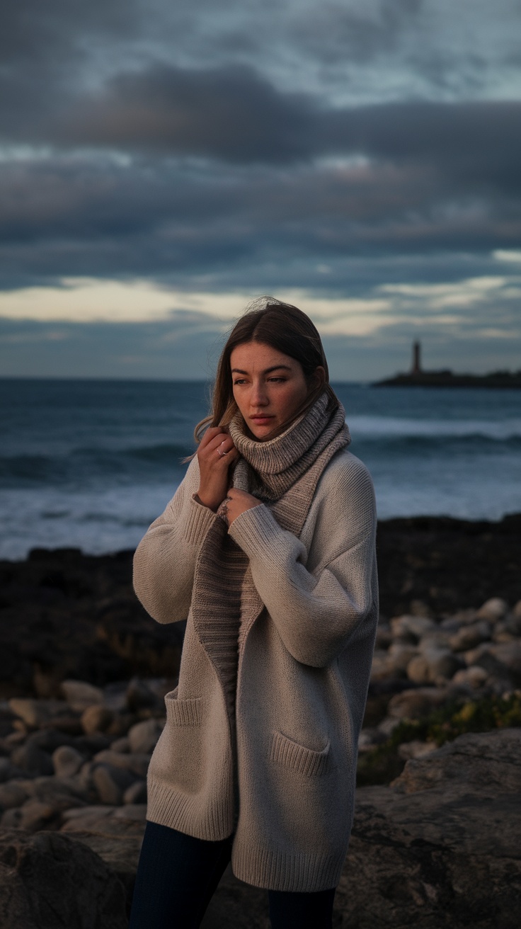 A woman in a cozy cardigan and scarf standing by the seaside during sunset.