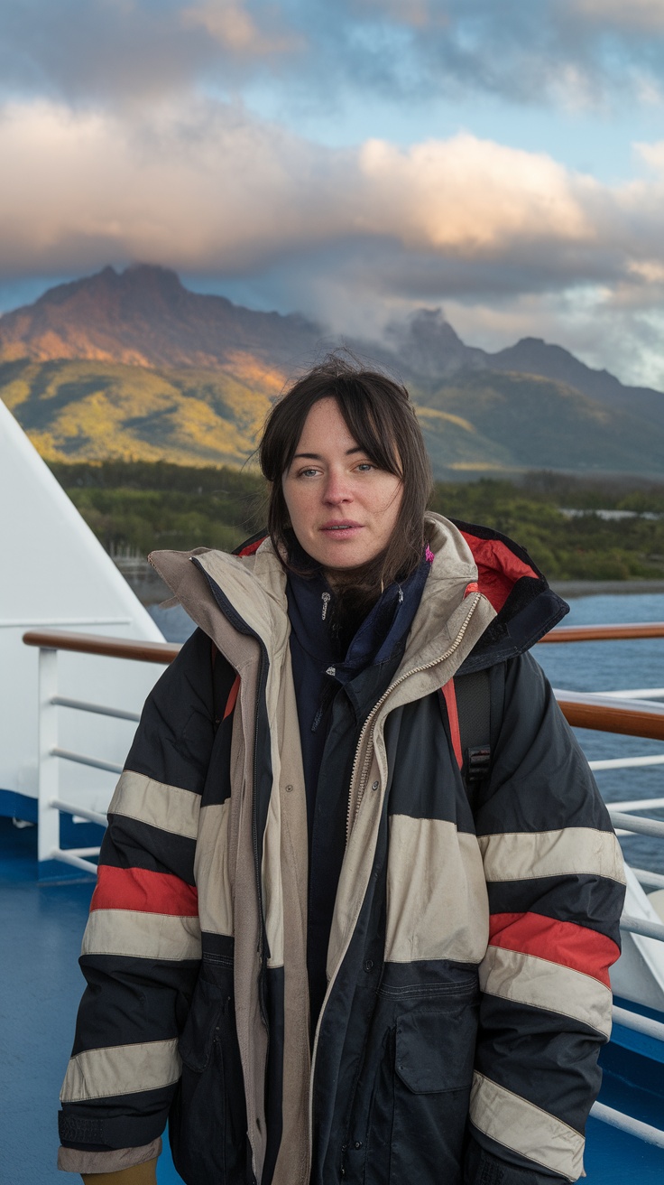 A woman wearing a layered outfit with an oversized jacket on a cruise ship.