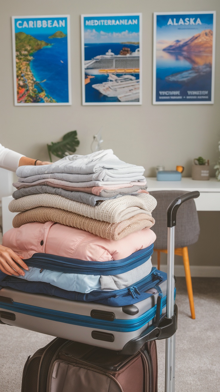 A suitcase is filled with neatly stacked clothes, including sweaters and jackets, ready for a cruise.