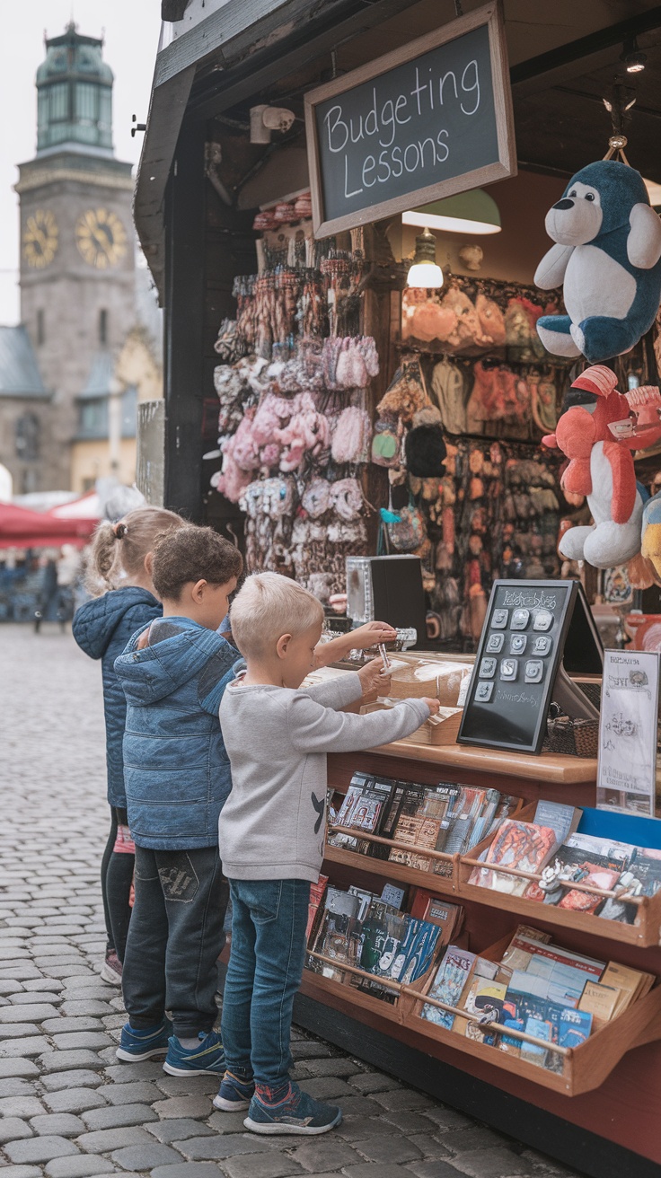 Children learning about budgeting at a market stall.