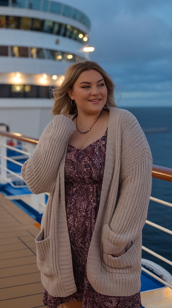 A woman wearing a light cardigan over a dress on a cruise ship deck during twilight.