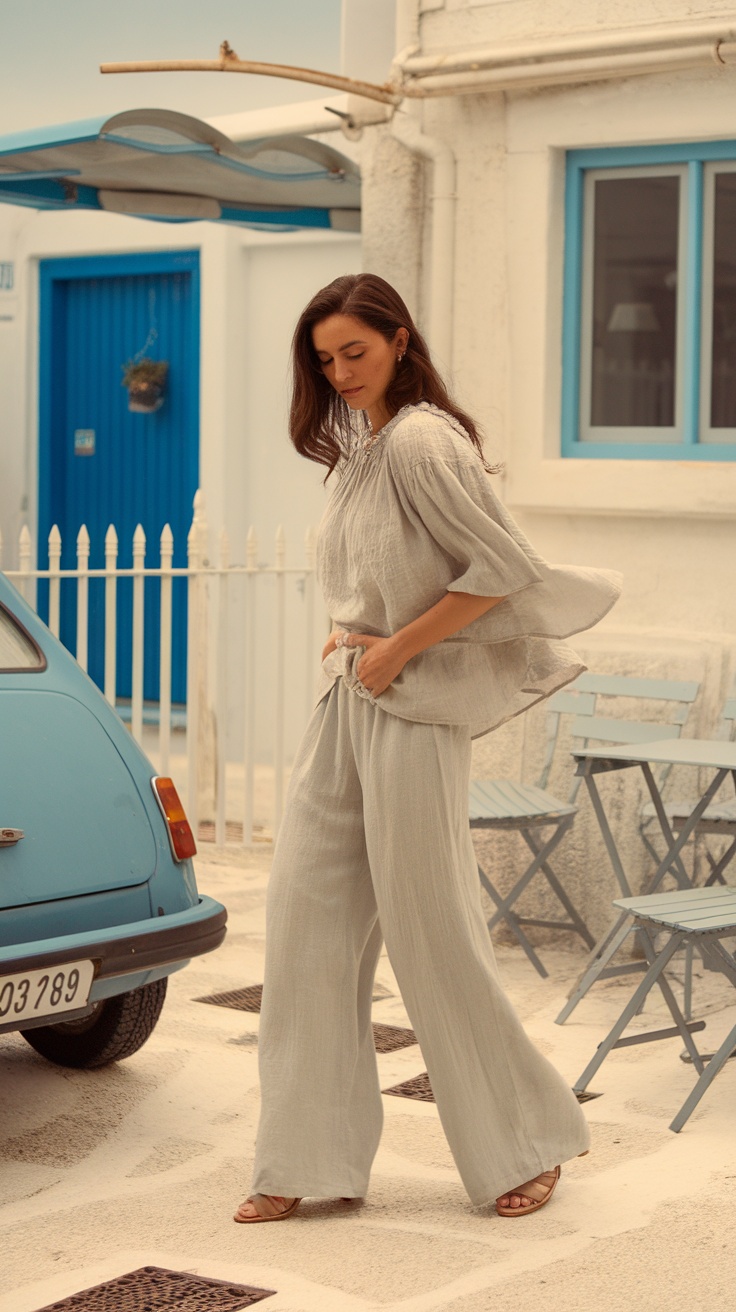 A woman in light linen pants and a breezy blouse walking near a blue vintage car.