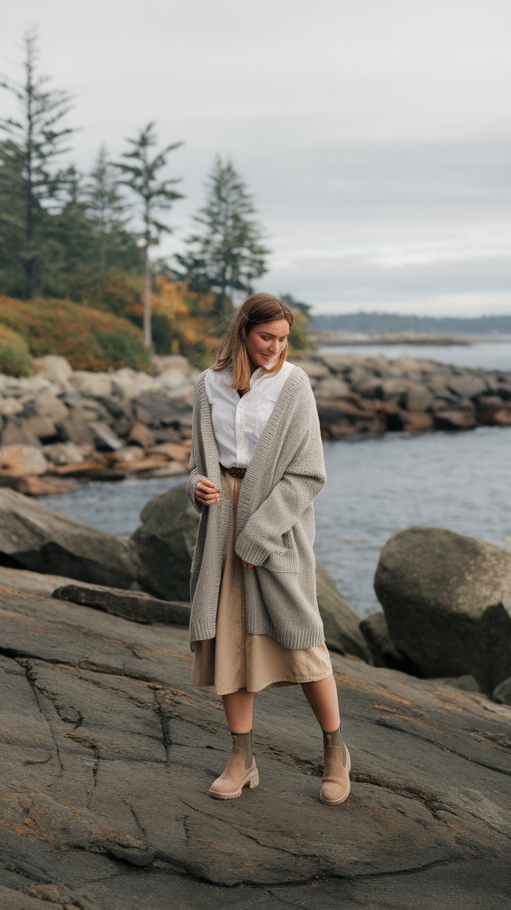 Woman wearing a lightweight cardigan over a blouse and skirt, standing on rocky shore near water.