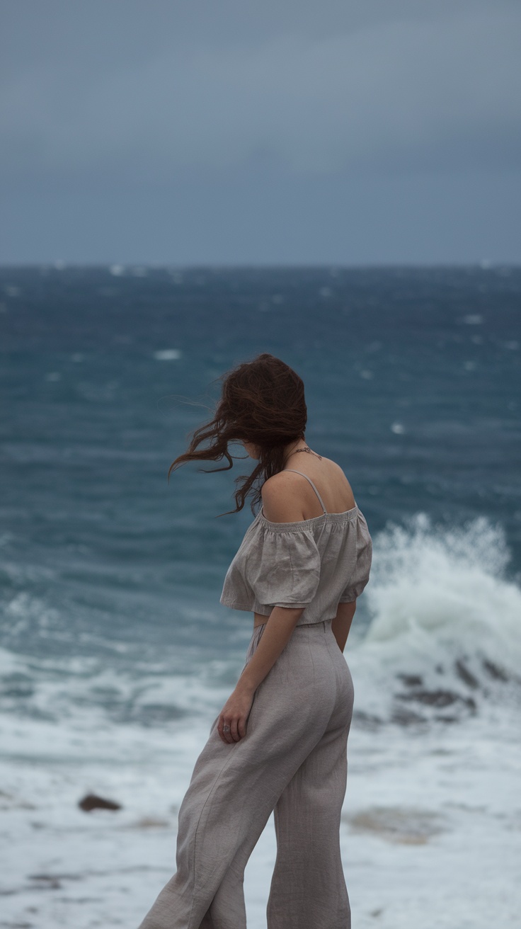 A woman wearing lightweight linen pants and an off-shoulder top by the ocean.