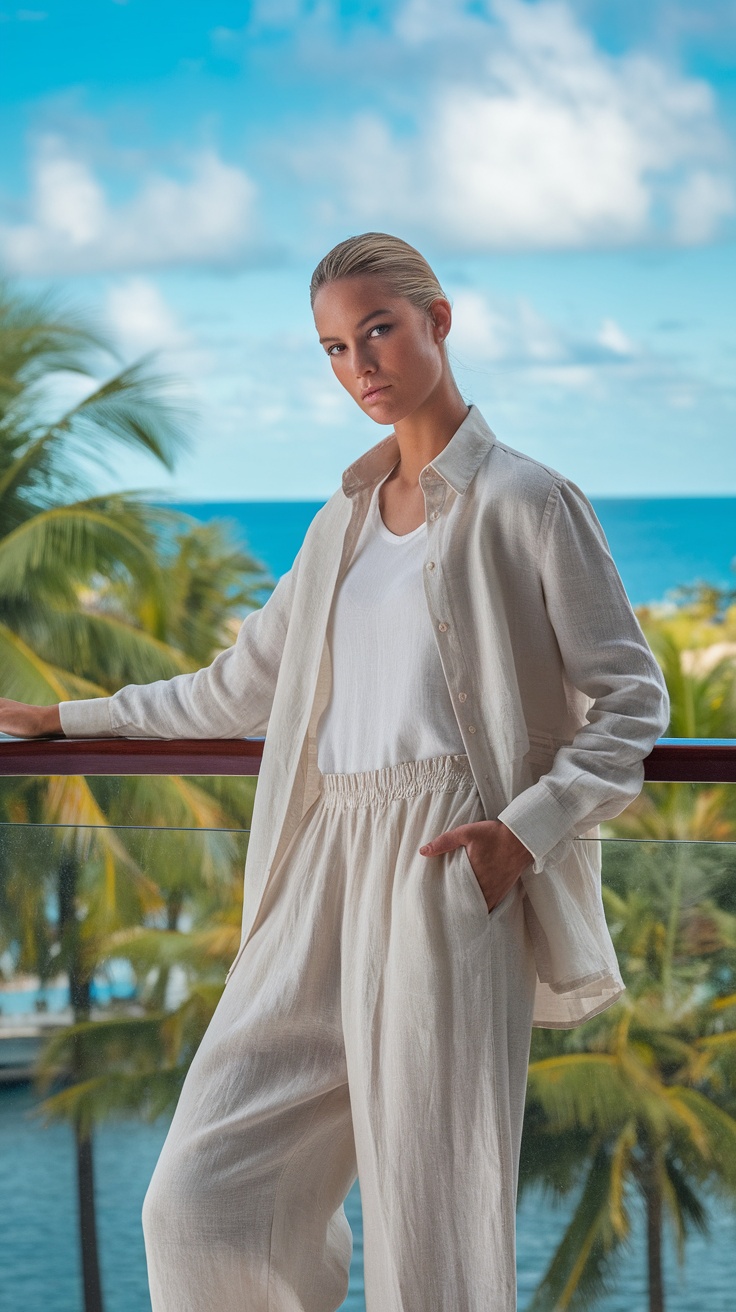 A woman wearing lightweight linen pants on a cruise.