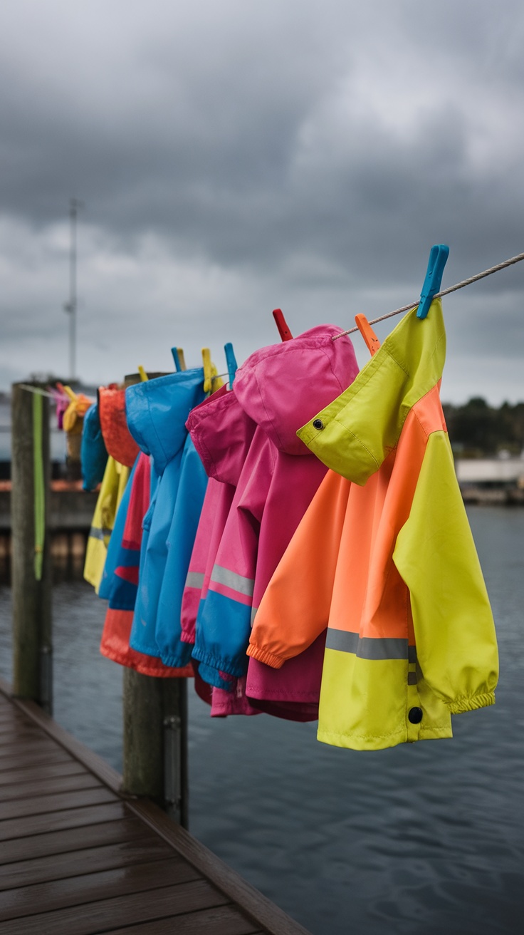 Colorful lightweight raincoats hanging on a clothesline