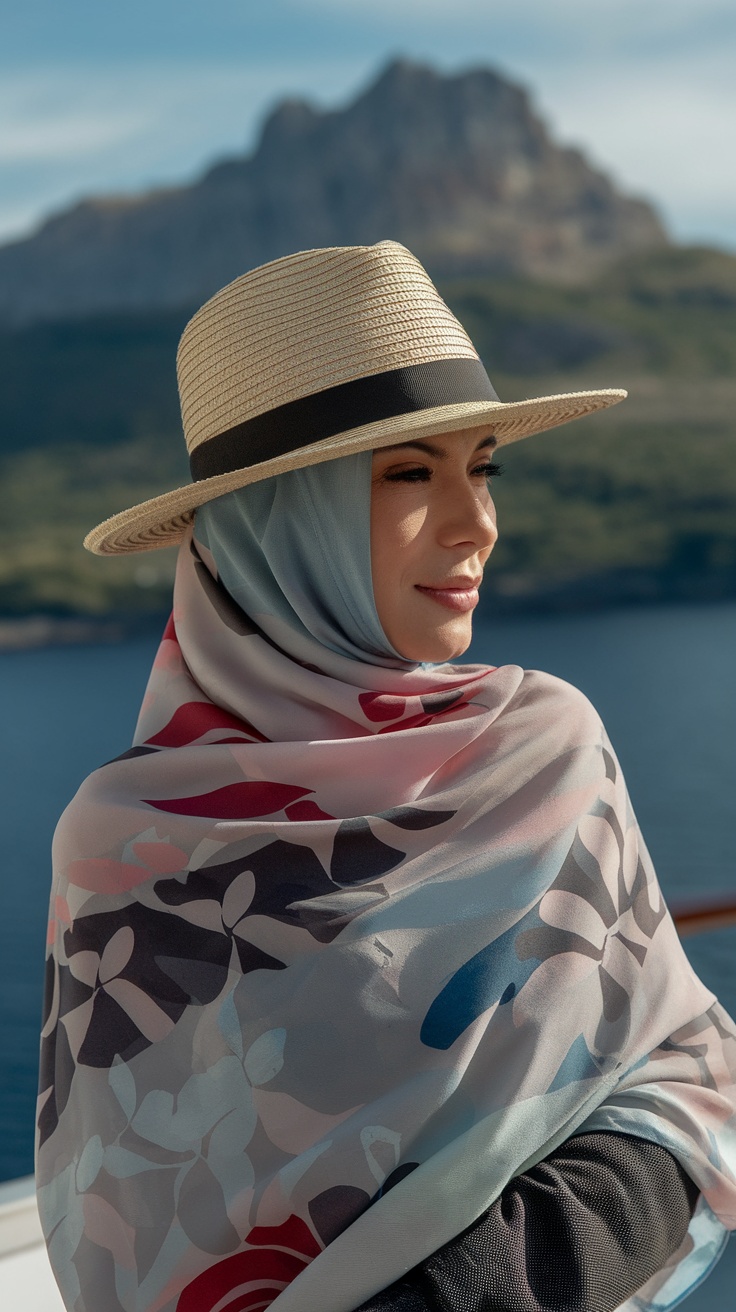 A woman wearing a lightweight scarf and a hat on a cruise.