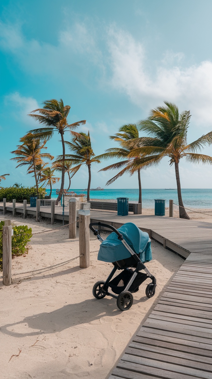 A lightweight stroller on a sandy pathway near the beach, surrounded by palm trees and a clear blue sky.