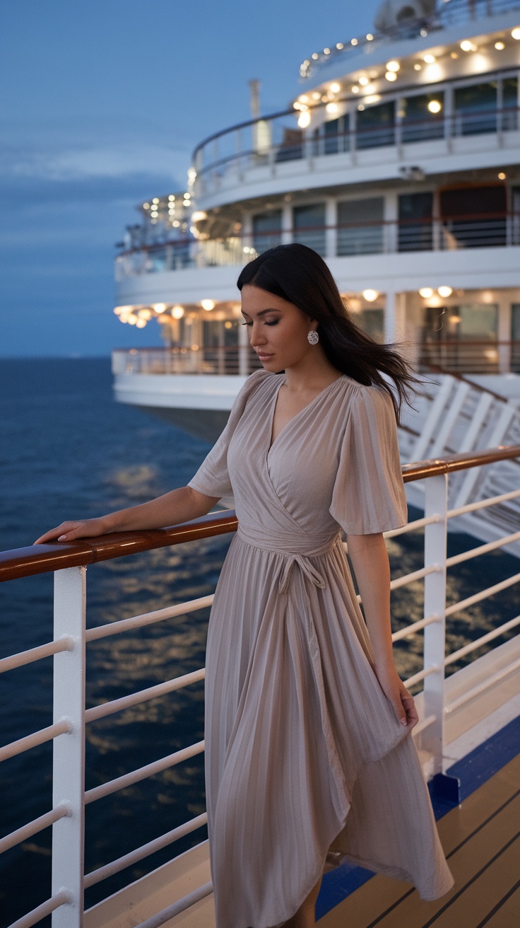 A woman in a lightweight wrap dress walking on a cruise ship deck during twilight.