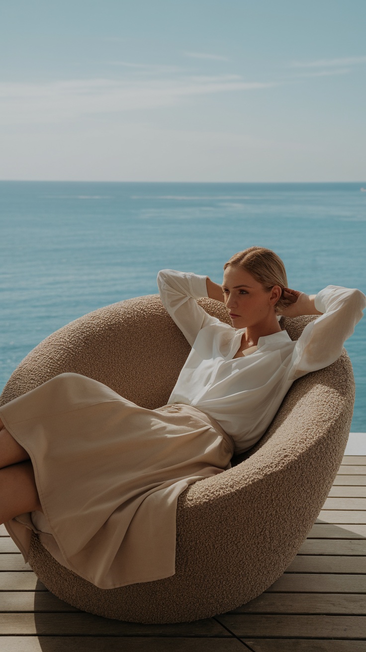 A woman in a cozy outfit lounging in a stylish chair by the sea.