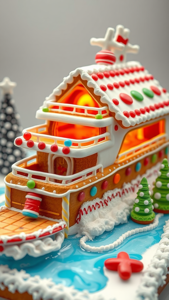 A gingerbread yacht decorated with colorful icing and candies, surrounded by miniature trees.