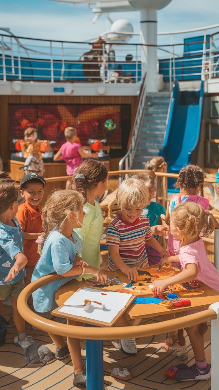 A group of children playing and interacting joyfully on a cruise ship.