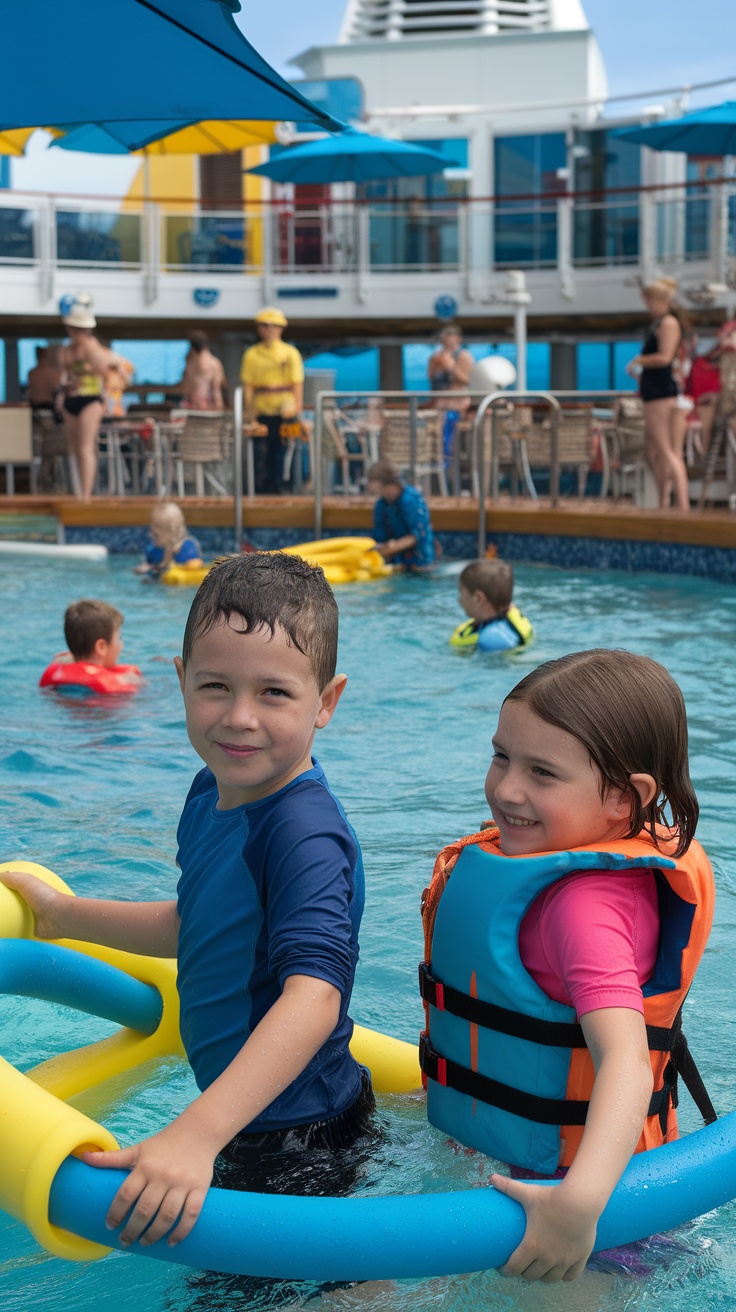 Two children playing in a pool, smiling and enjoying their time together.