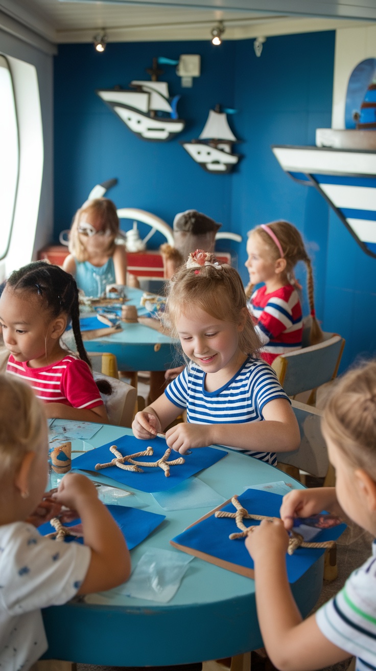 Children engaged in creative activities at a kids' club on a cruise ship.