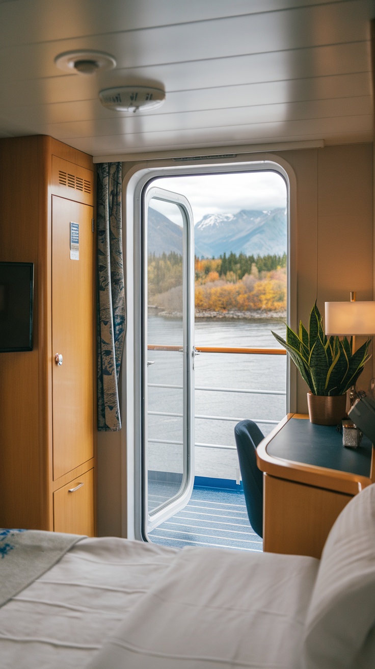 Interior view of a cruise cabin with a balcony overlooking a scenic landscape.