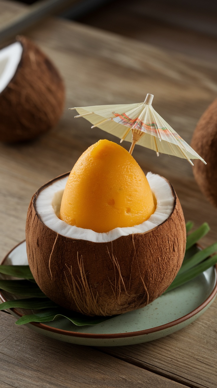 A vibrant mango sorbet served in a coconut shell, topped with a small umbrella.