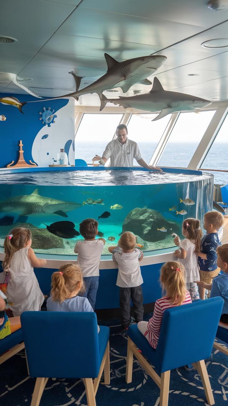 Children observing marine life in an aquarium on a cruise ship.