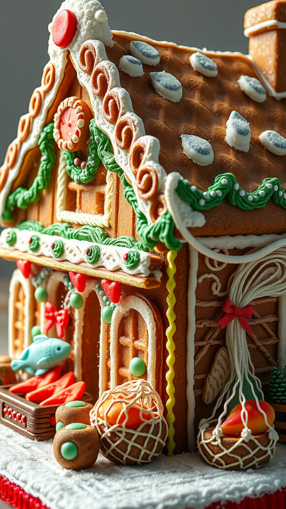 A detailed gingerbread house decorated with colorful icing and candy.