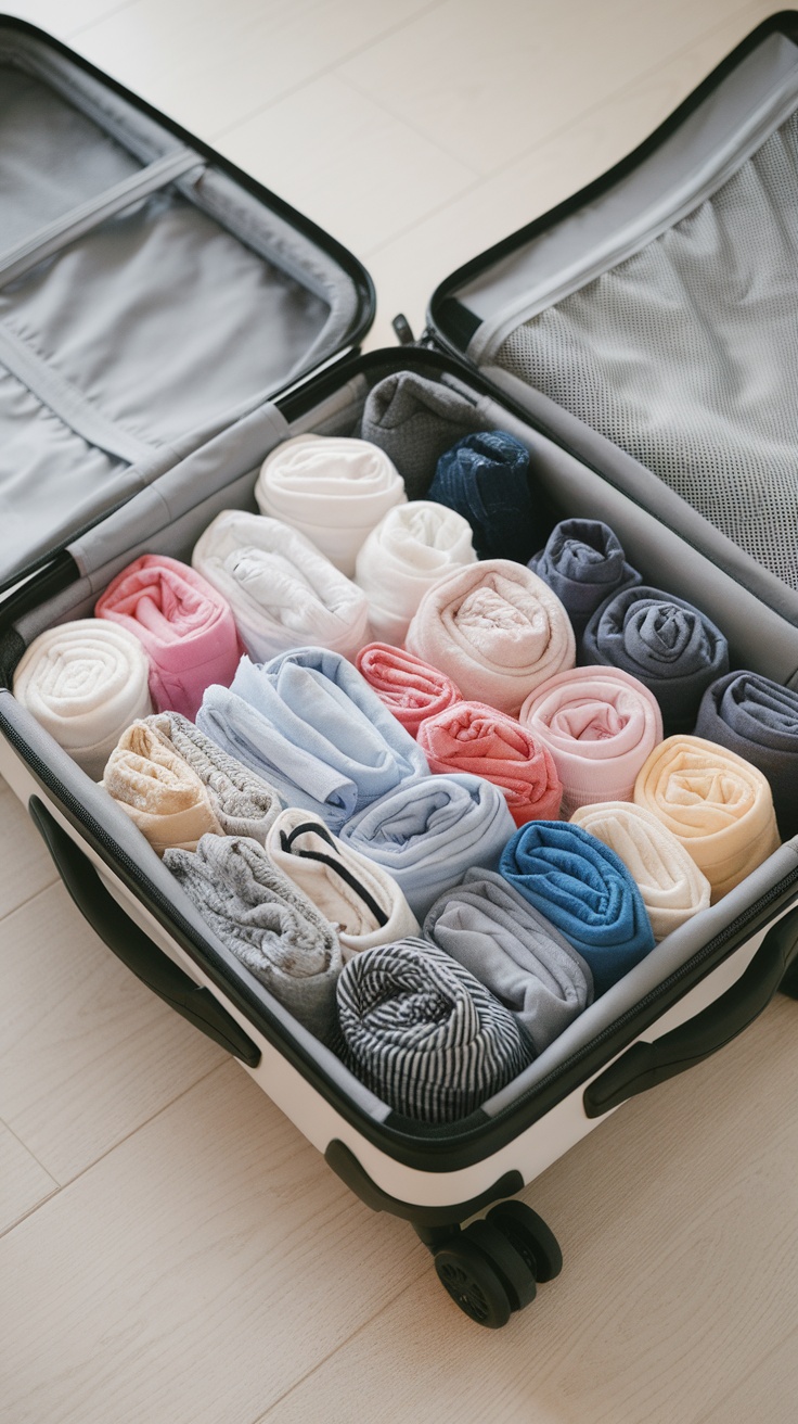 A neatly packed suitcase with rolled clothes in various colors.