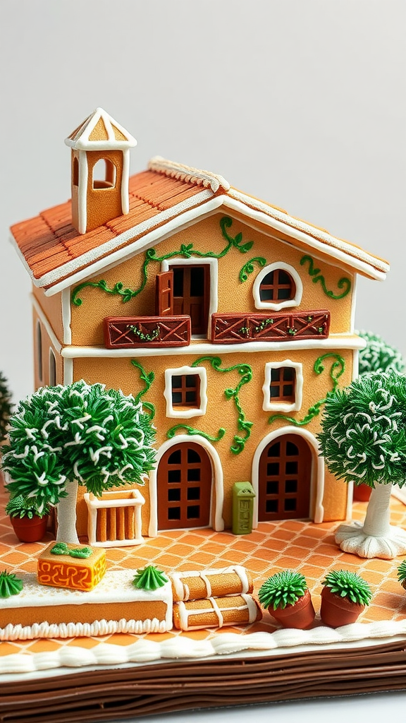 A beautifully crafted gingerbread villa with green vines and surrounding greenery.