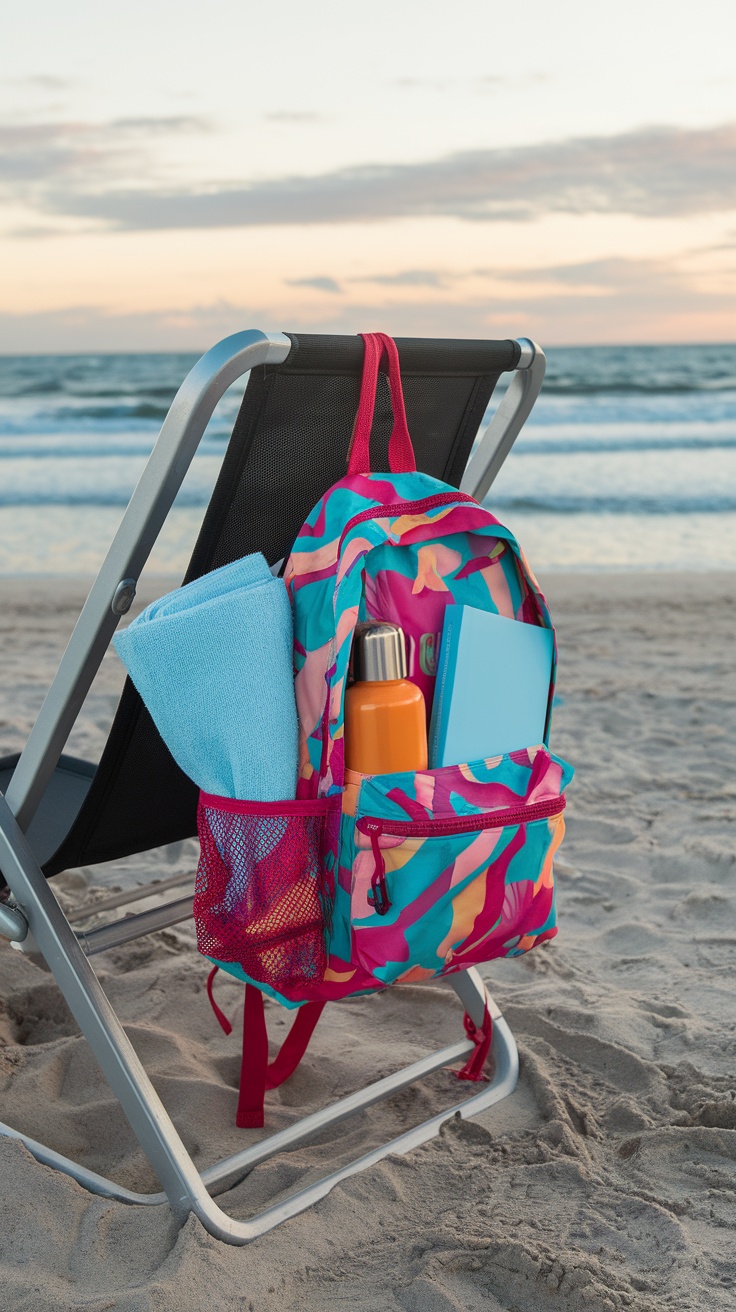 A vibrant mini backpack filled with a towel, a water bottle, and a notebook, resting on a beach chair by the ocean.