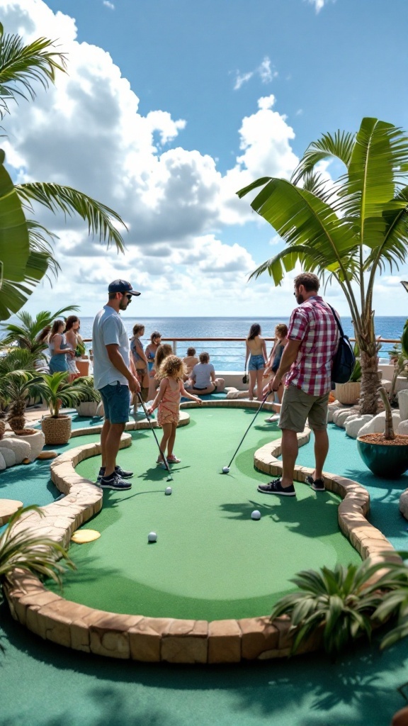 Family enjoying mini golf on a Caribbean cruise with ocean view