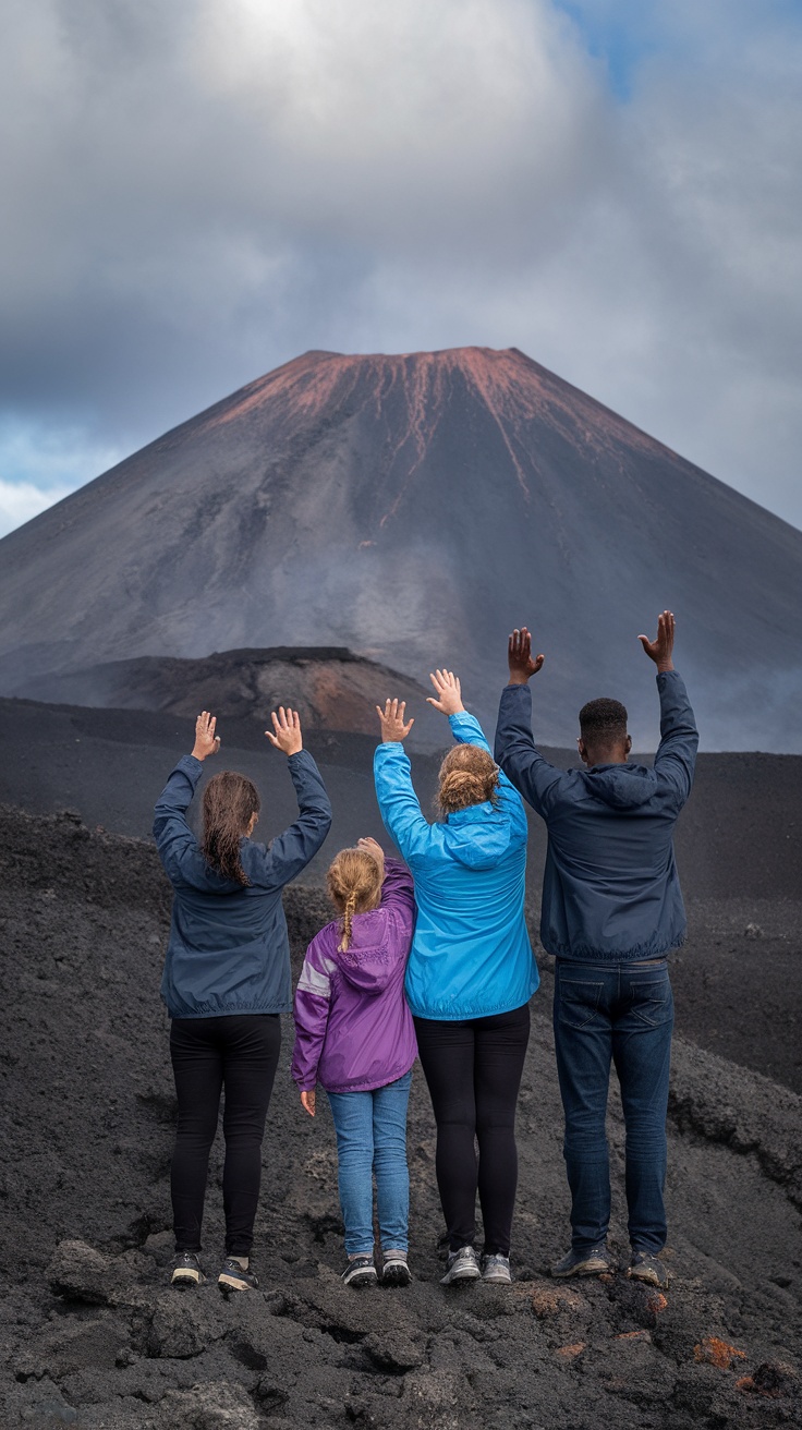 A family stands in front of a volcano, raising their hands in excitement.
