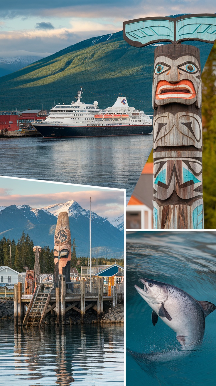 A collage of an Alaskan port featuring a cruise ship, totem poles, and a salmon swimming.