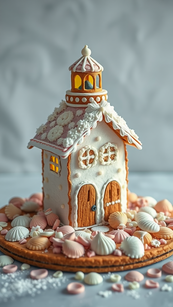 A beautifully crafted gingerbread house decorated with shells and pastel candies.