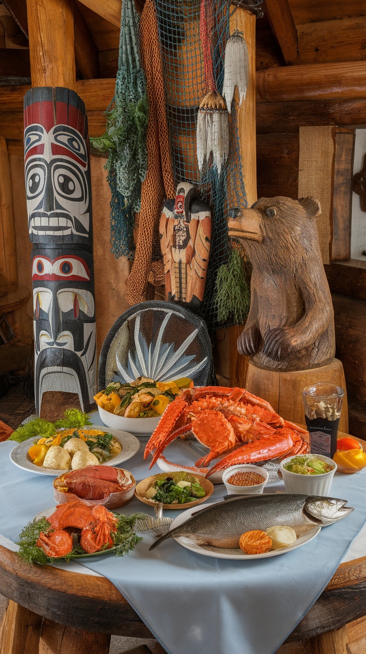 A table set with various Alaskan dishes including seafood, vegetables, and traditional decorations.
