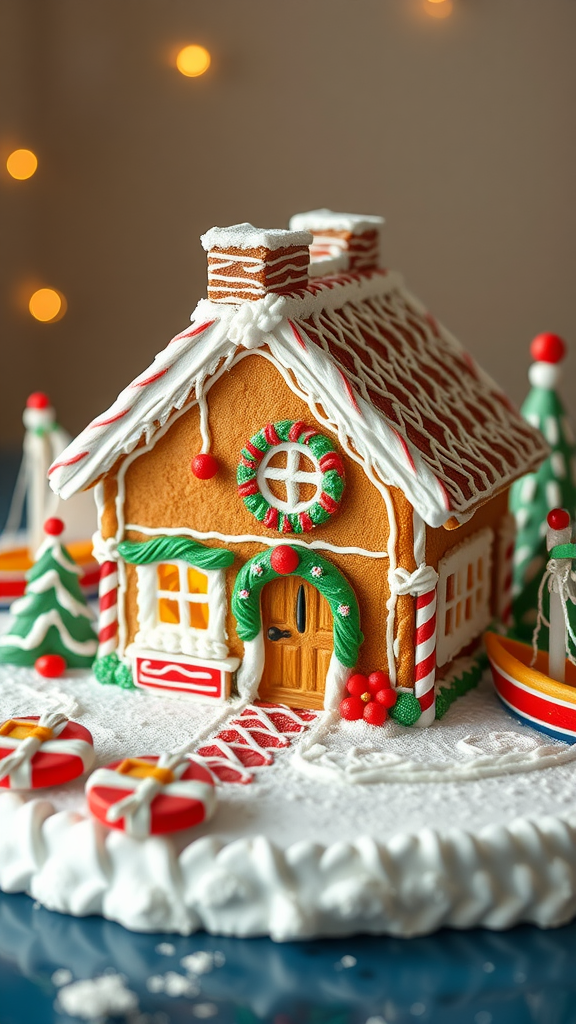 Gingerbread cottage decorated for the holidays with red and green elements