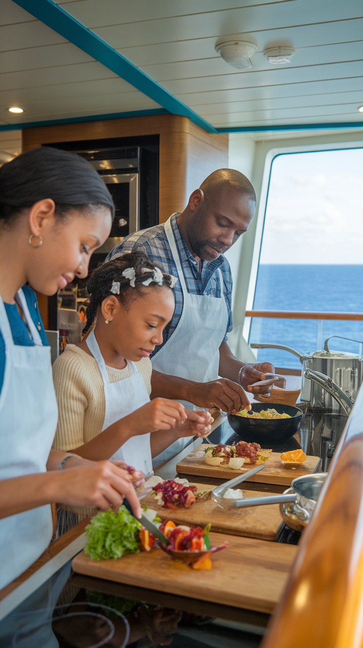A family enjoying a cooking class onboard a cruise ship, preparing food together.