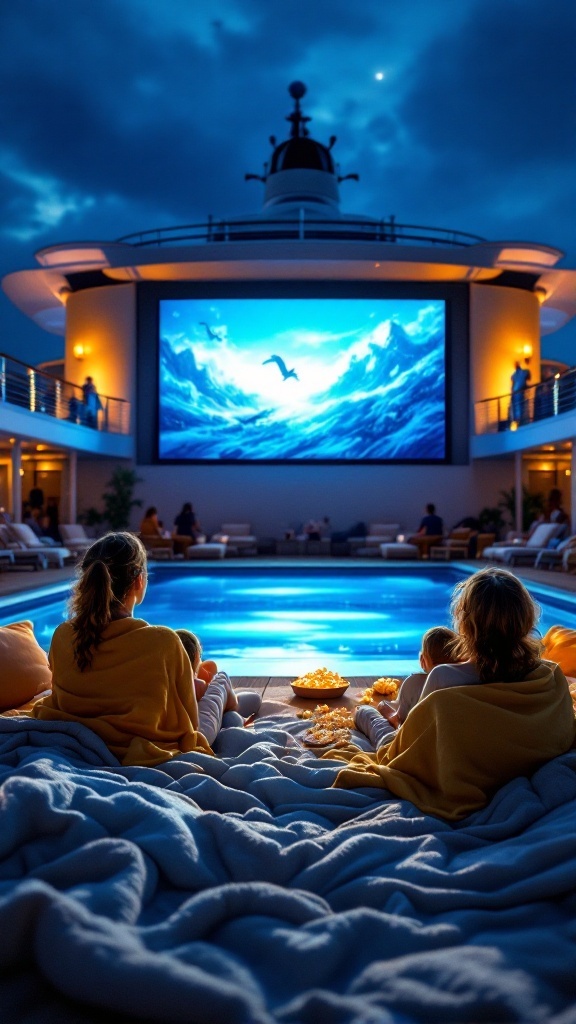 Family enjoying an outdoor movie night by the pool, wrapped in blankets with popcorn.