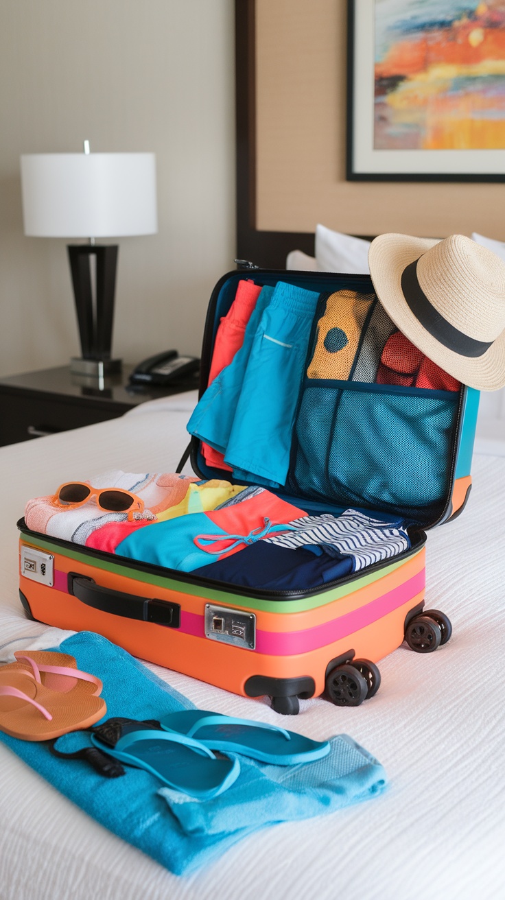 Colorful suitcase packed with summer clothes, towels, and accessories for a Caribbean cruise.