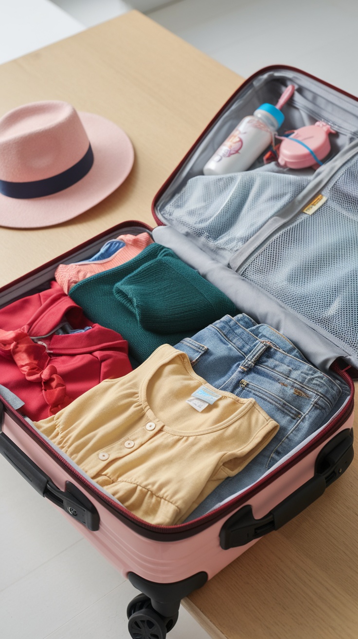 A neatly packed suitcase with colorful clothes for kids, including a pink hat on a table.