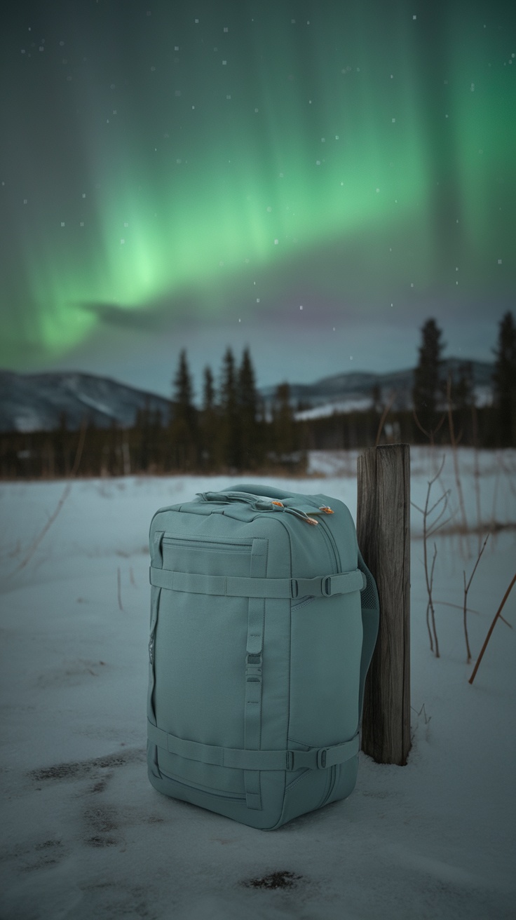 A teal backpack against a snowy landscape with the Northern Lights in the background.