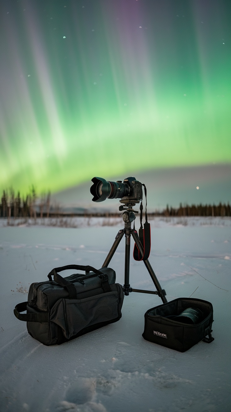 Camera on tripod with bags in snow under the Northern Lights.